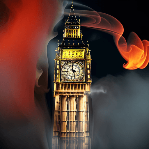 AI generated: big ben burning, glowing flames coming out of the bursting clock, smoke, 4k
