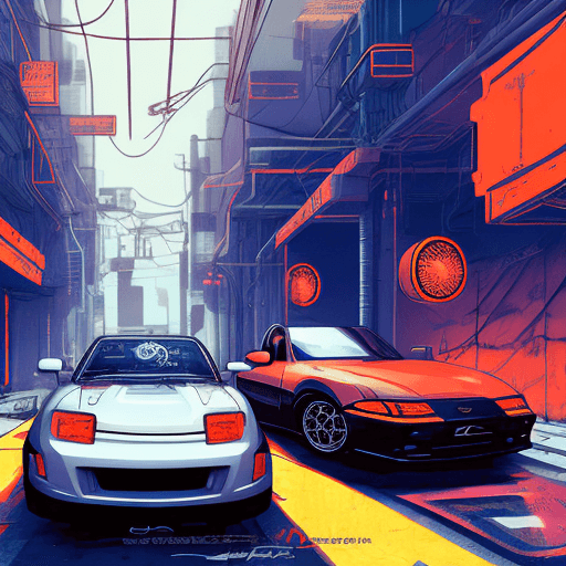 AI generated: cyber punk mechanical orange honda integra dc5 next to silver 1995 mazda mx5-na, , highly detailed l...