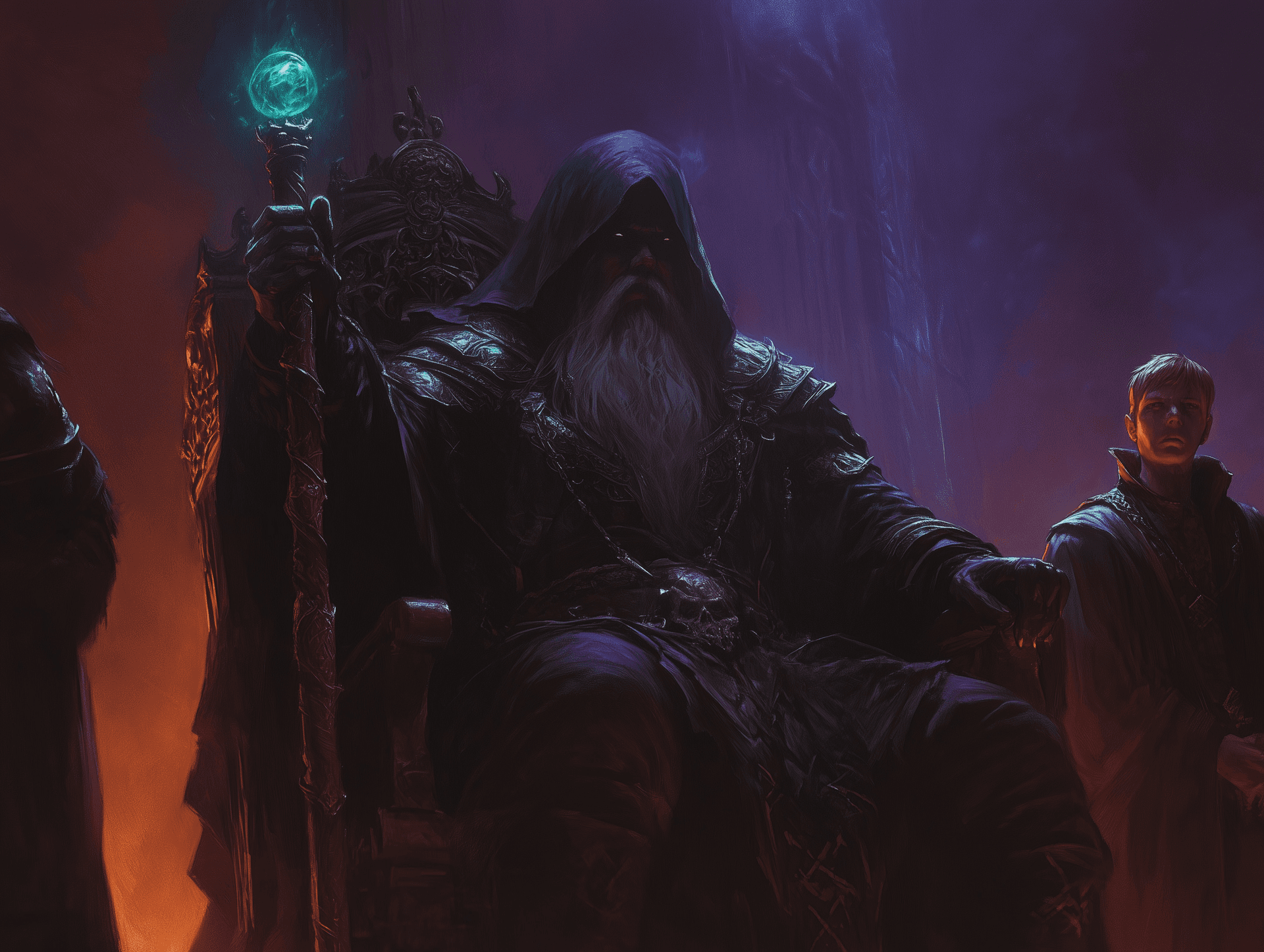AI generated: A black wizard with a white beard and mustache sits on an orange throne in the center of his purple ...