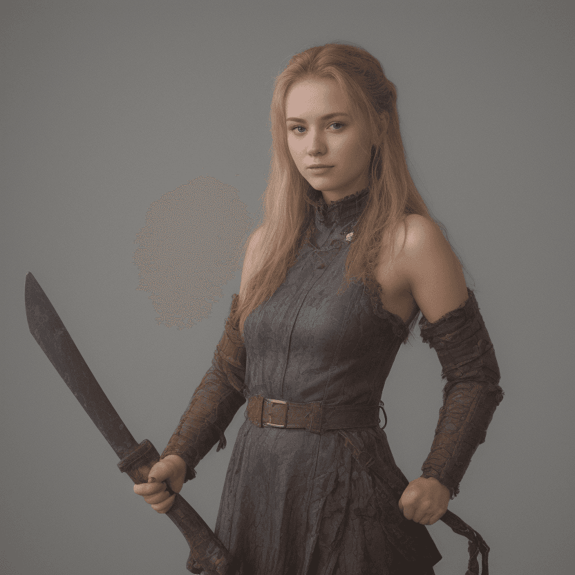 AI generated: a woman with an axe held in each hand, the woman has long, wavy dirty blonde hair, wearing dark brow...