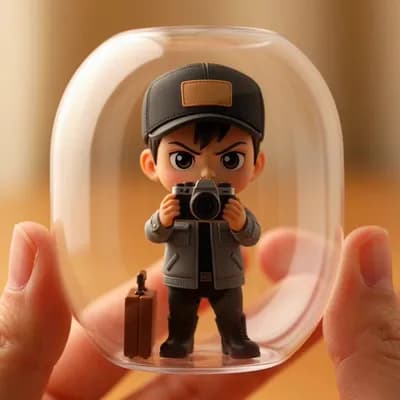 AI generated video: {
  "subject": {
    "type": "chibi figurine",
    "gender": "male",
    "expression": "focused"...