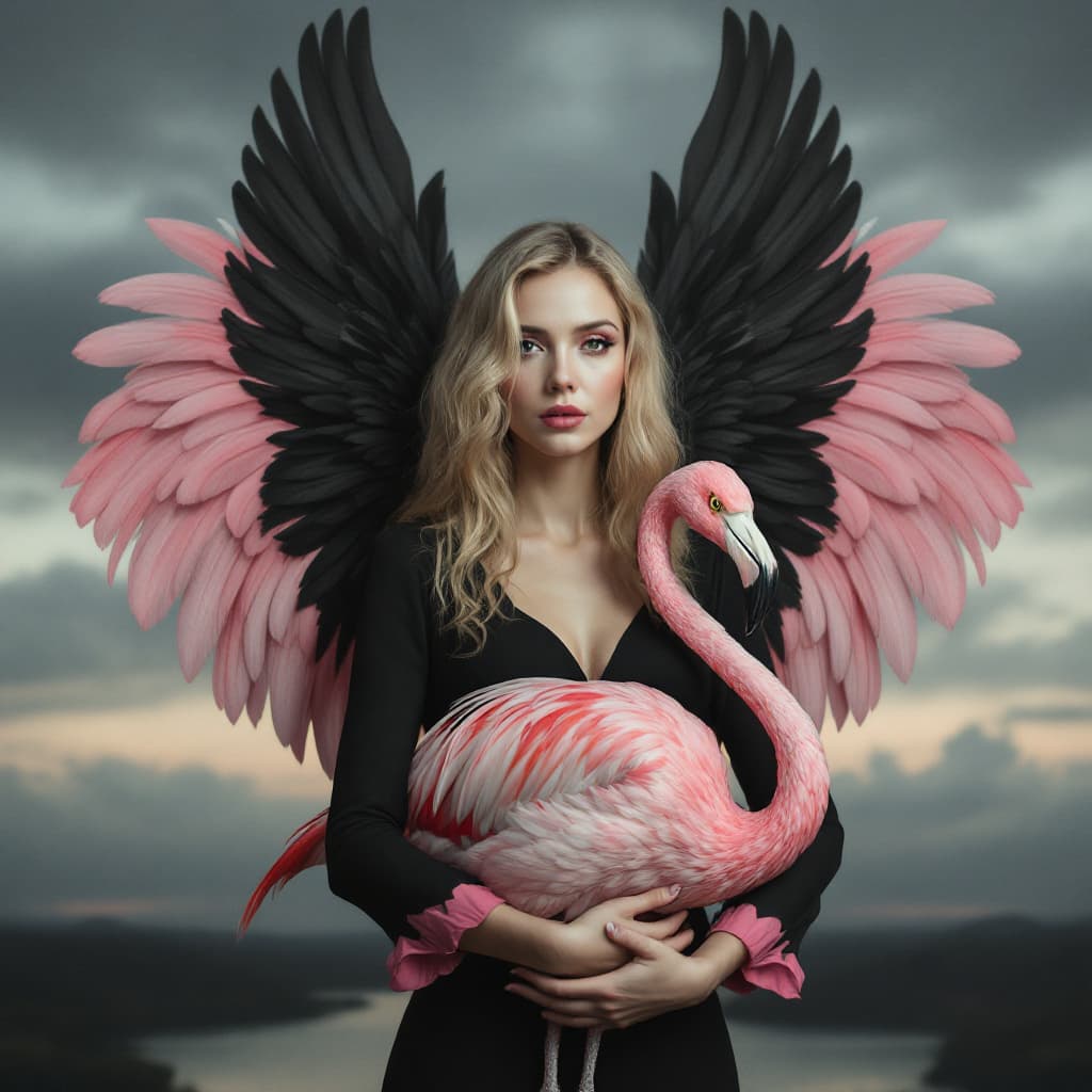 AI generated: A surrealistic portrait features a blonde woman with large, symmetrical wings that transition from p...