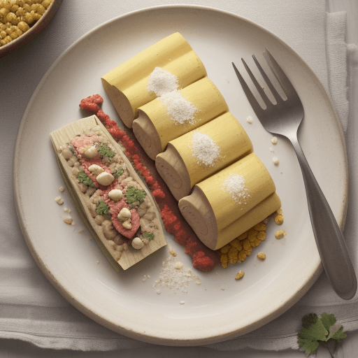 AI generated: crea una imagen de un tamal de cerdo con masa de maiz, arroz, vainica, zanahoria, carne de cerdo ach...