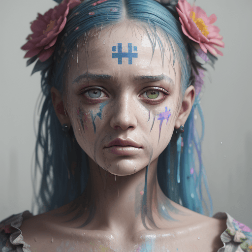 AI generated: wet paint, portrait of wome, Colored Dress, with a depressed look, In a flowered , with battle marks...
