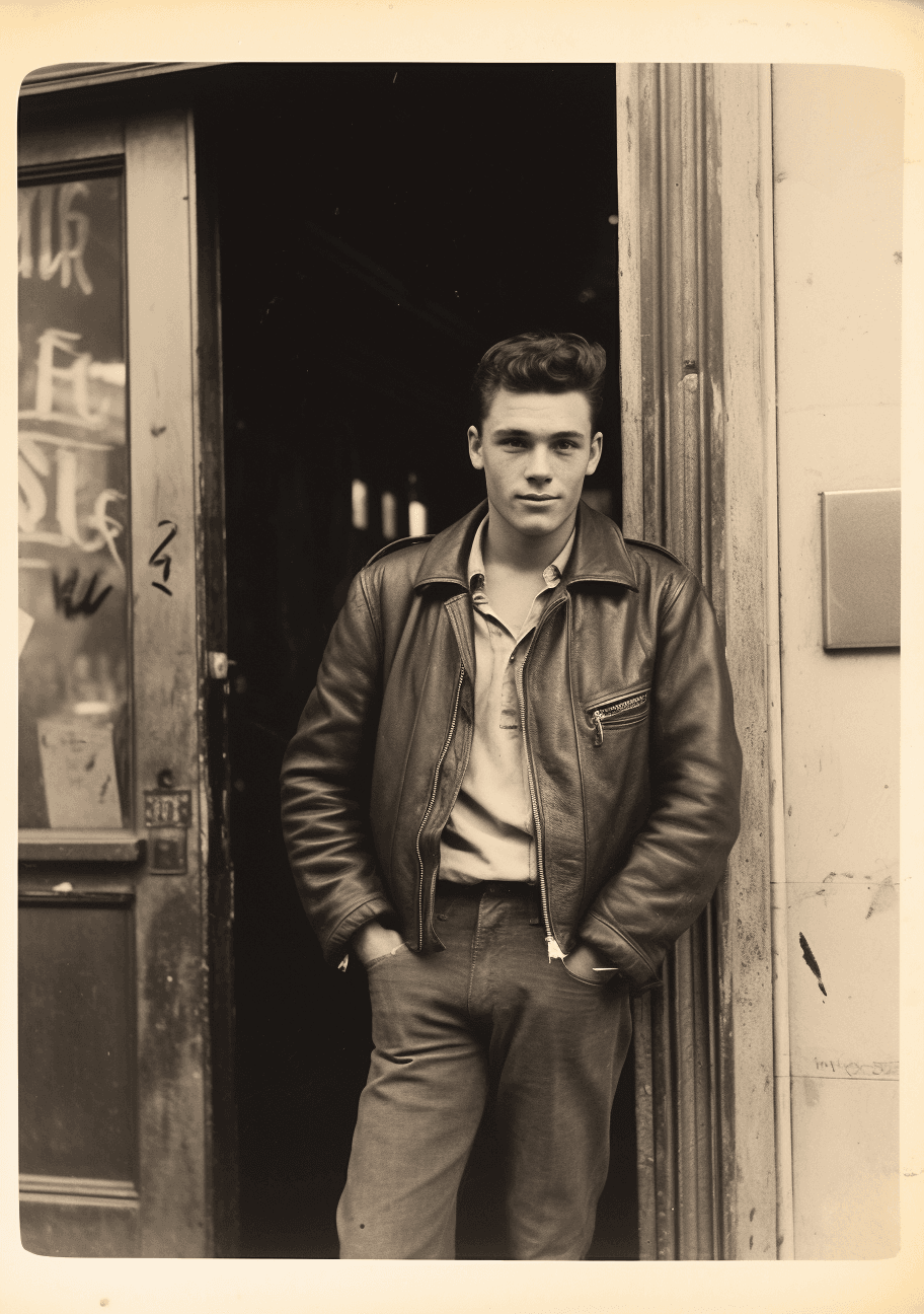 AI generated: vintage photo of a young handsome man in jeans and a leather jacket with black boots, standing at th...