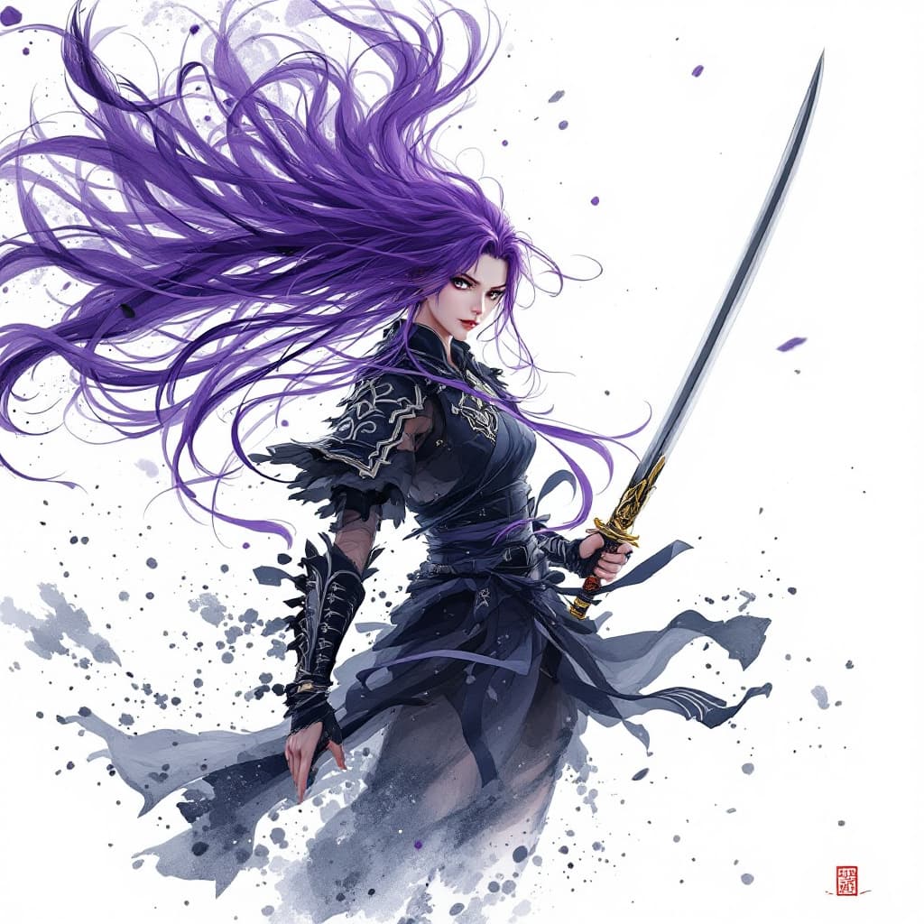 AI generated: 1 woman, weapon, long hair, purple hair, white background, solo, looking at viewer, black eyes, tabi...
