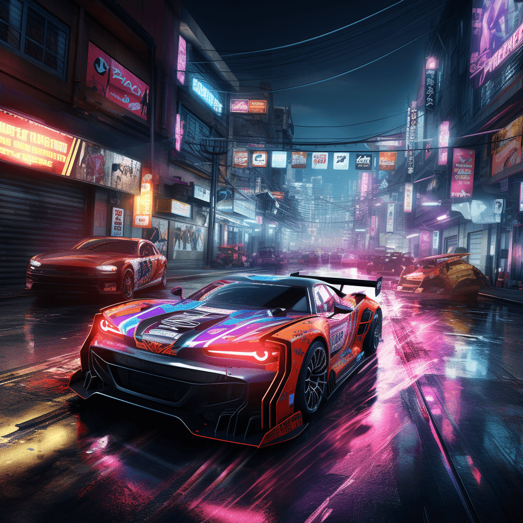 AI generated: A piece of concept art for a racing video game depicting a neon-lit urban circuit with high-speed ca...