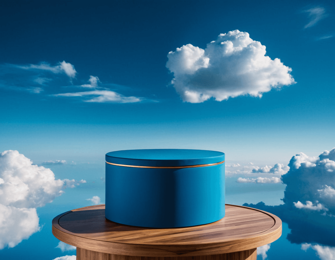 AI generated: Product photography, beautiful blue podium for product, super detalised and fashion, with puffy clou...