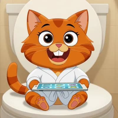 AI generated video: A cartoon ginger cat, seated on a white toilet seat, is using a tablet. The cat is young, with large...