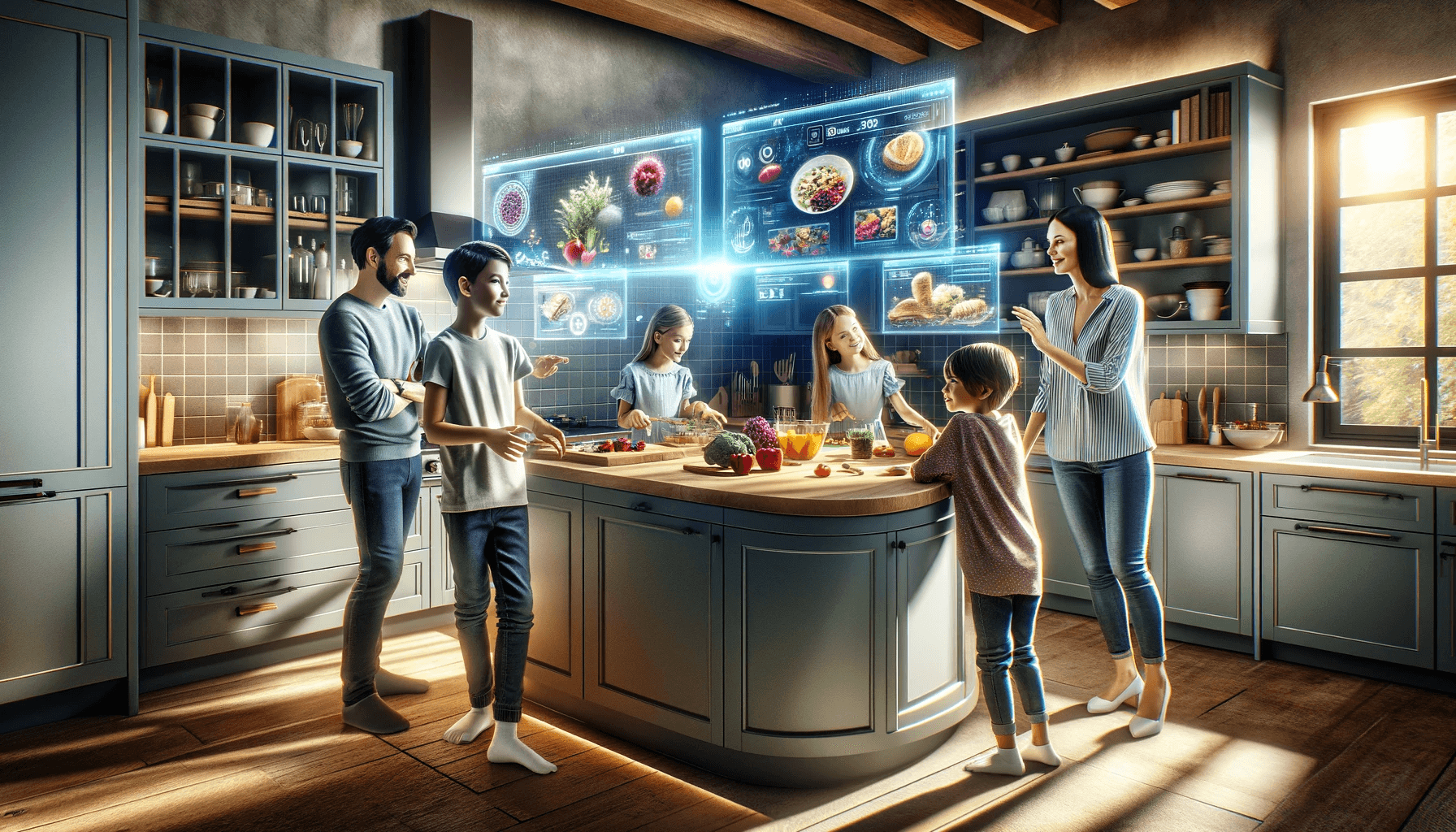 AI generated: A photorealistic image of a family in a well-lit kitchen, featuring two parents and two kids, a boy ...