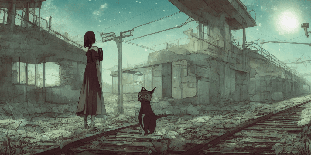AI generated: abandoned train station, post apocalyptic, mysterious, girl with cat in the front, female silhouette...