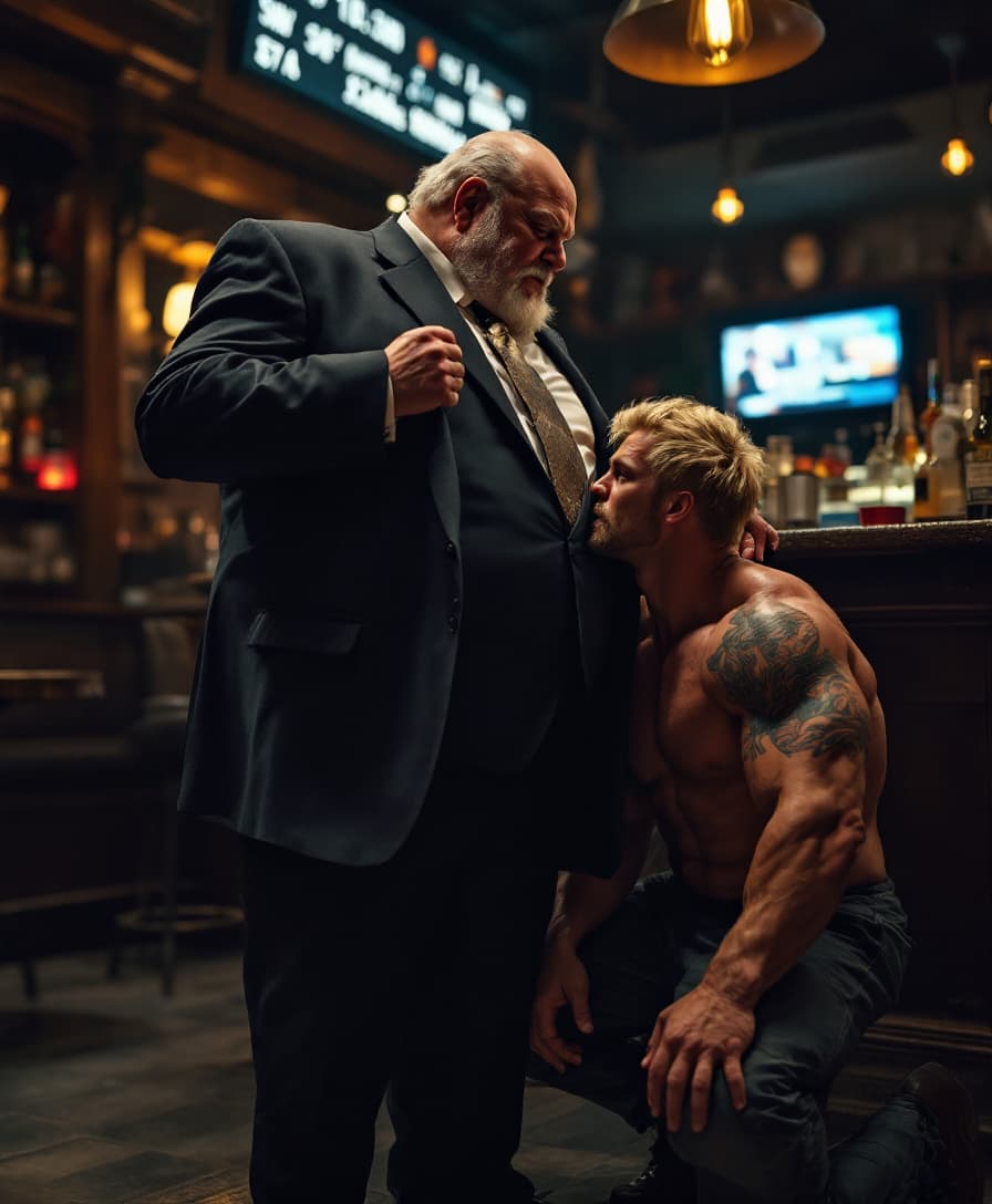 AI generated: high-resolution photo of a fat old man standing, wearing suit and tie,
an extremely muscular, handso...
