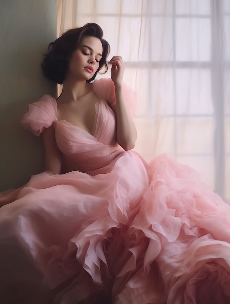 AI generated: Photo of a woman in a pink dress posing for a picture, inspired by Lillian Bassman, tumblr, romantic...