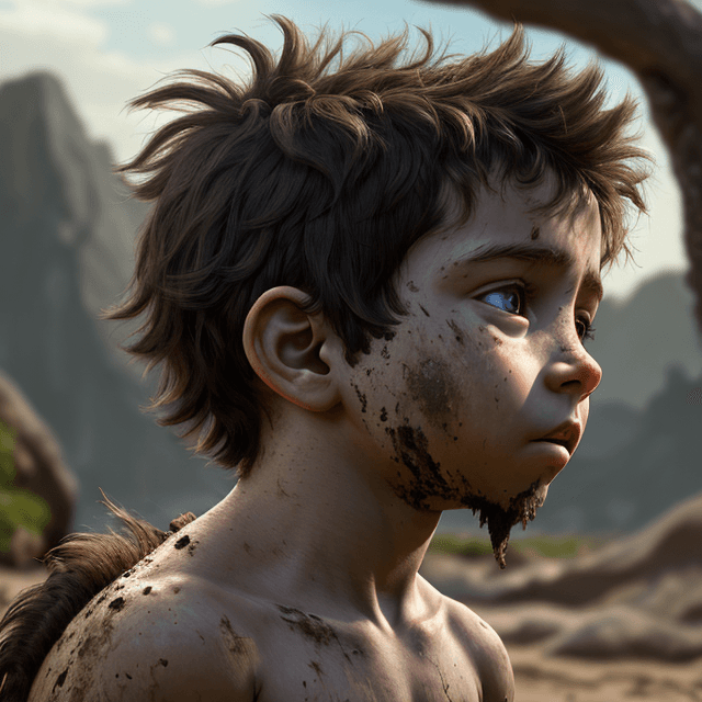 AI generated:  the face of a young prehistoric boy, dirty hair, side view, 8k