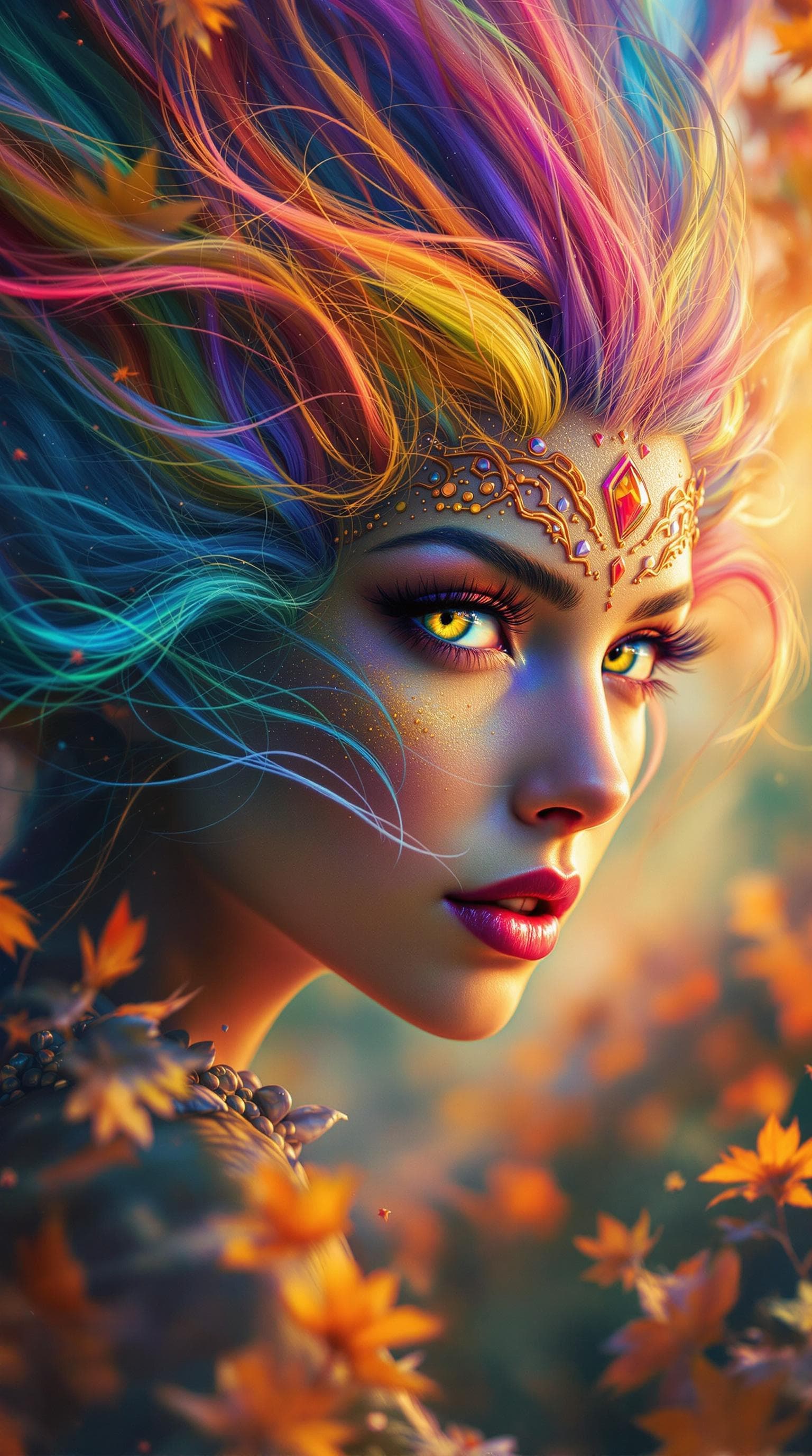 AI generated: beautiful angle view of Species woman individual from another planet with multicolored hair, beautif...