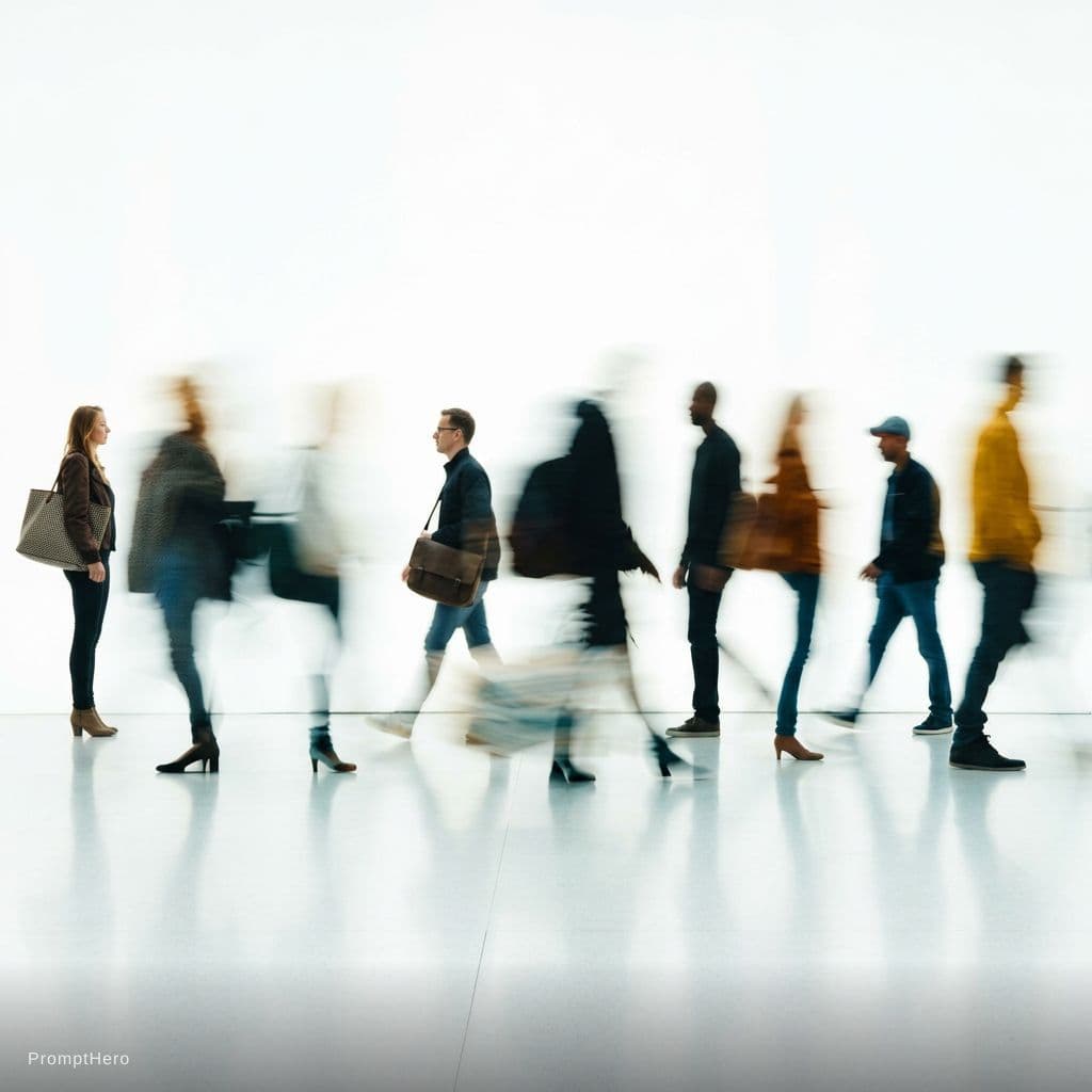 AI generated:  blurred pedestrians walking, strong motion blur conveying urban rush and anonymity,modern urban aes...