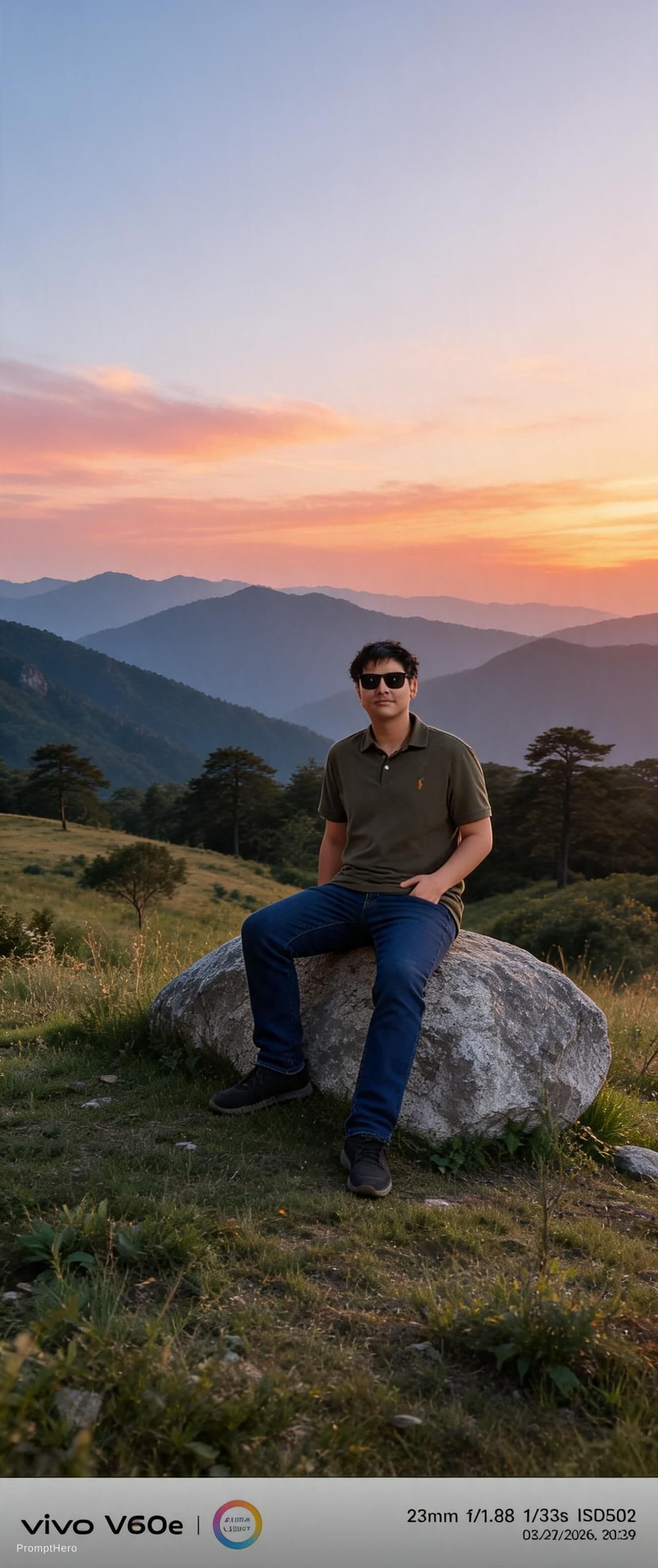 AI generated: the boy is sitting on a rock, impressive landscape