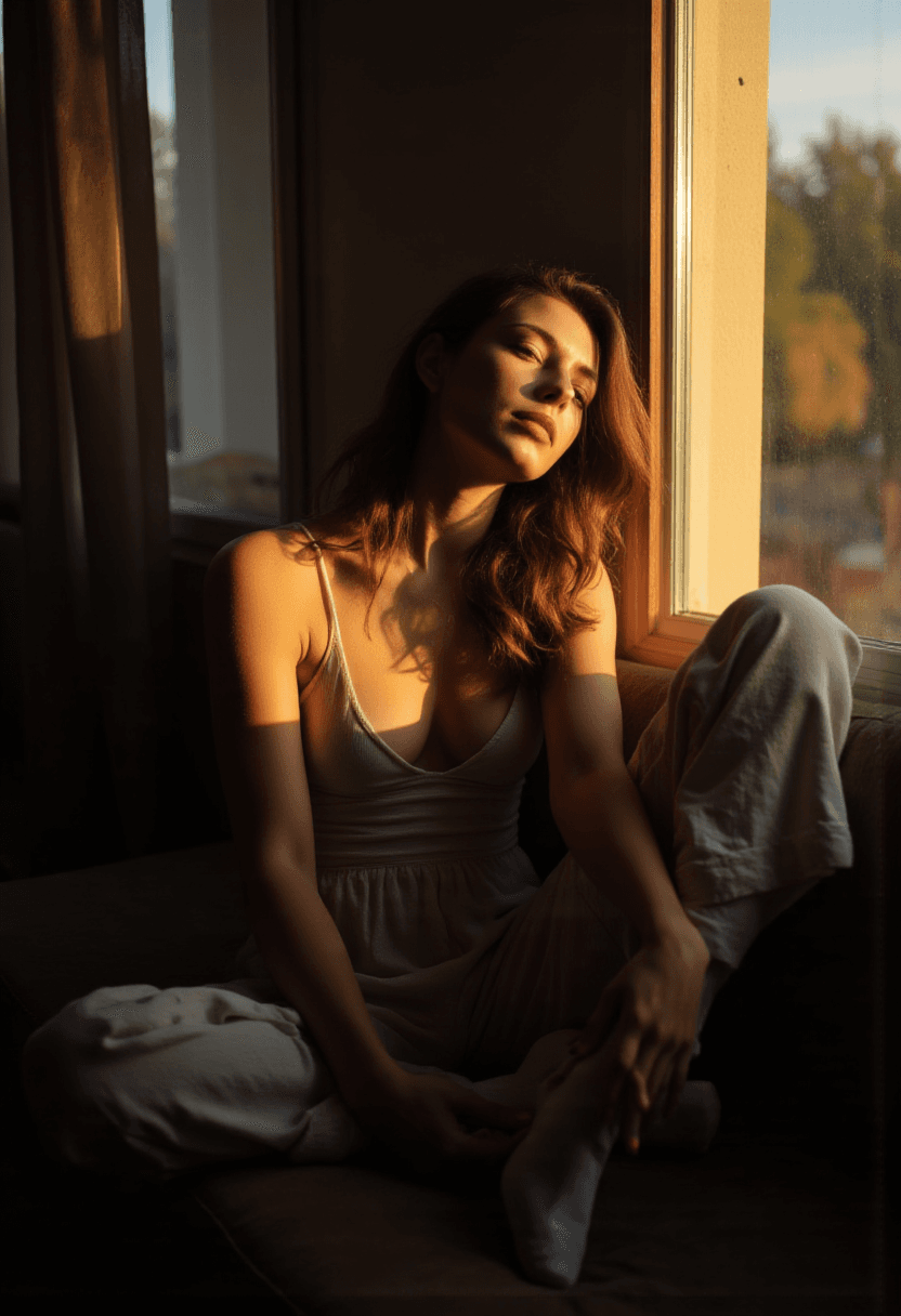 AI generated: A woman sits comfortably on a couch next to a window, surrounded by the soft glow of a late evening....