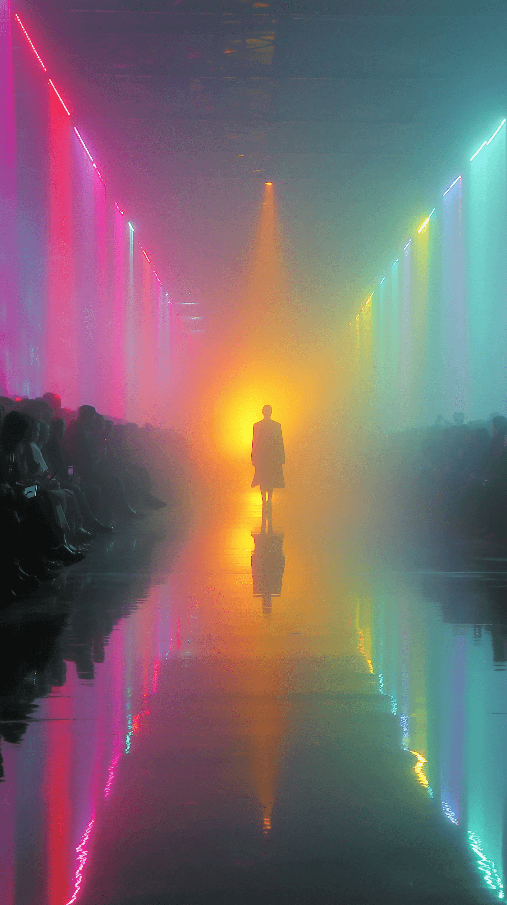 AI generated: cinematic shoot, fashion runway look, deep foggy with directional line laser lights, audience, tilt ...