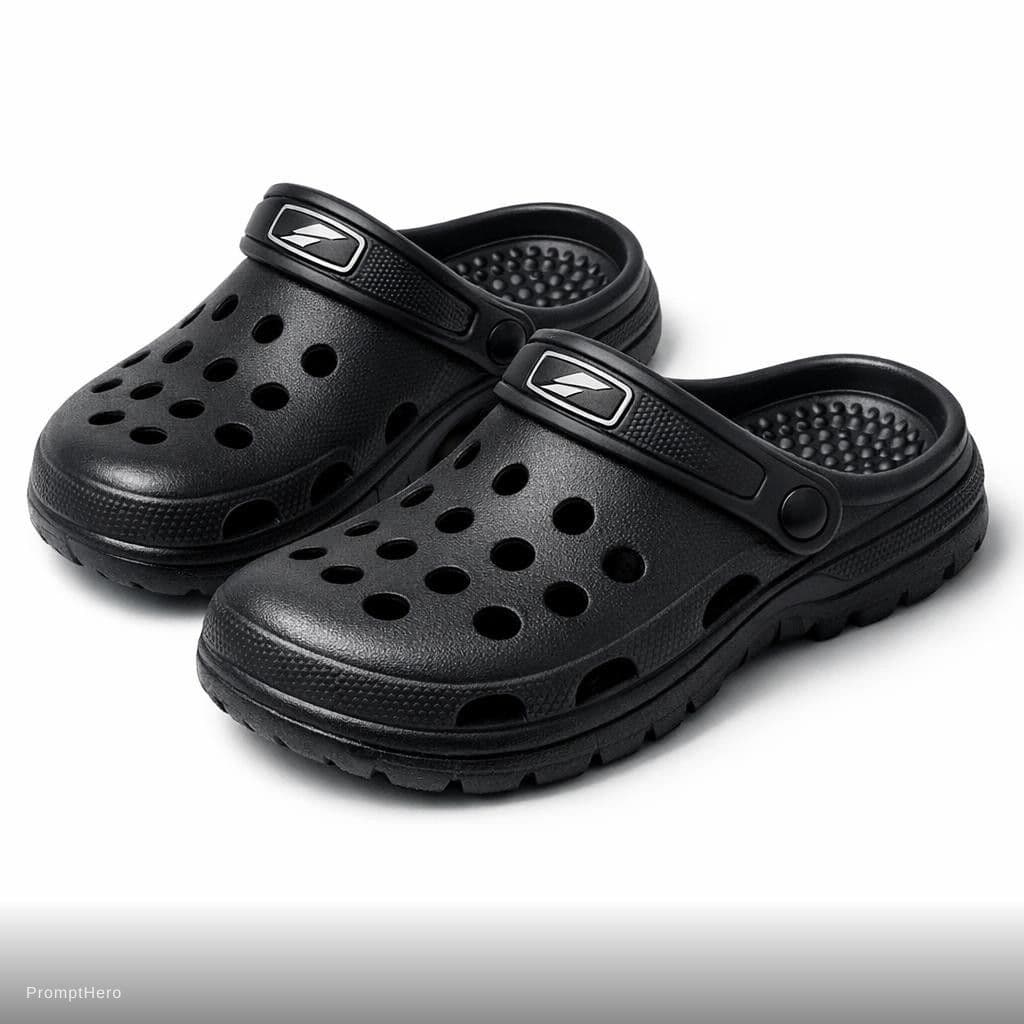 AI generated: ultra realistic product hero shot of black perforated EVA clogs, breathable slip-on sandals with clo...