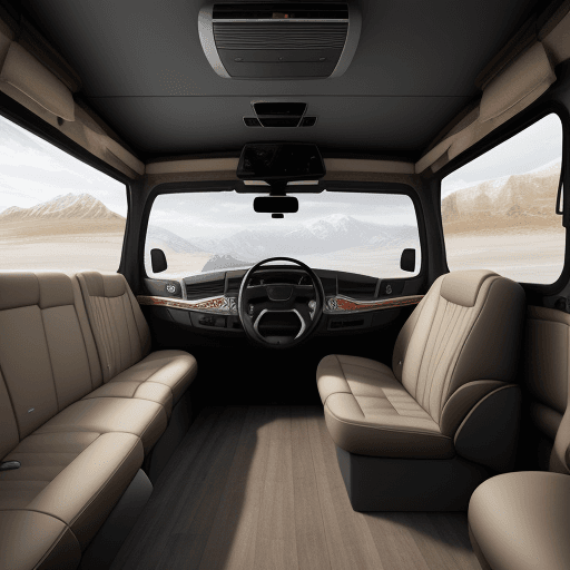 AI generated: a car interior, high resolution, photorealistic, saloon, truck 
trailer


