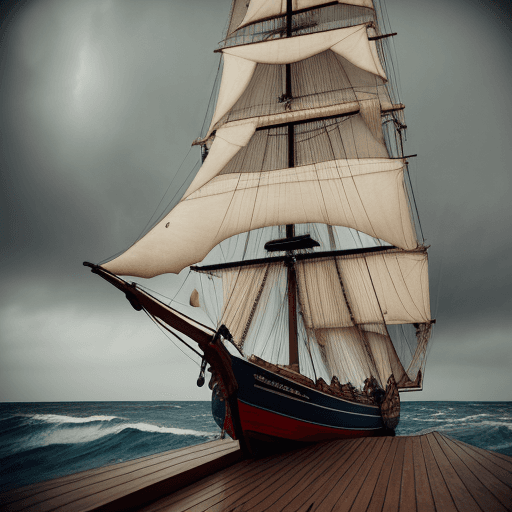 AI generated: Far in the distance on a stormy ocean, on an old wooden sailing ship, a sailor in the crows nest is ...