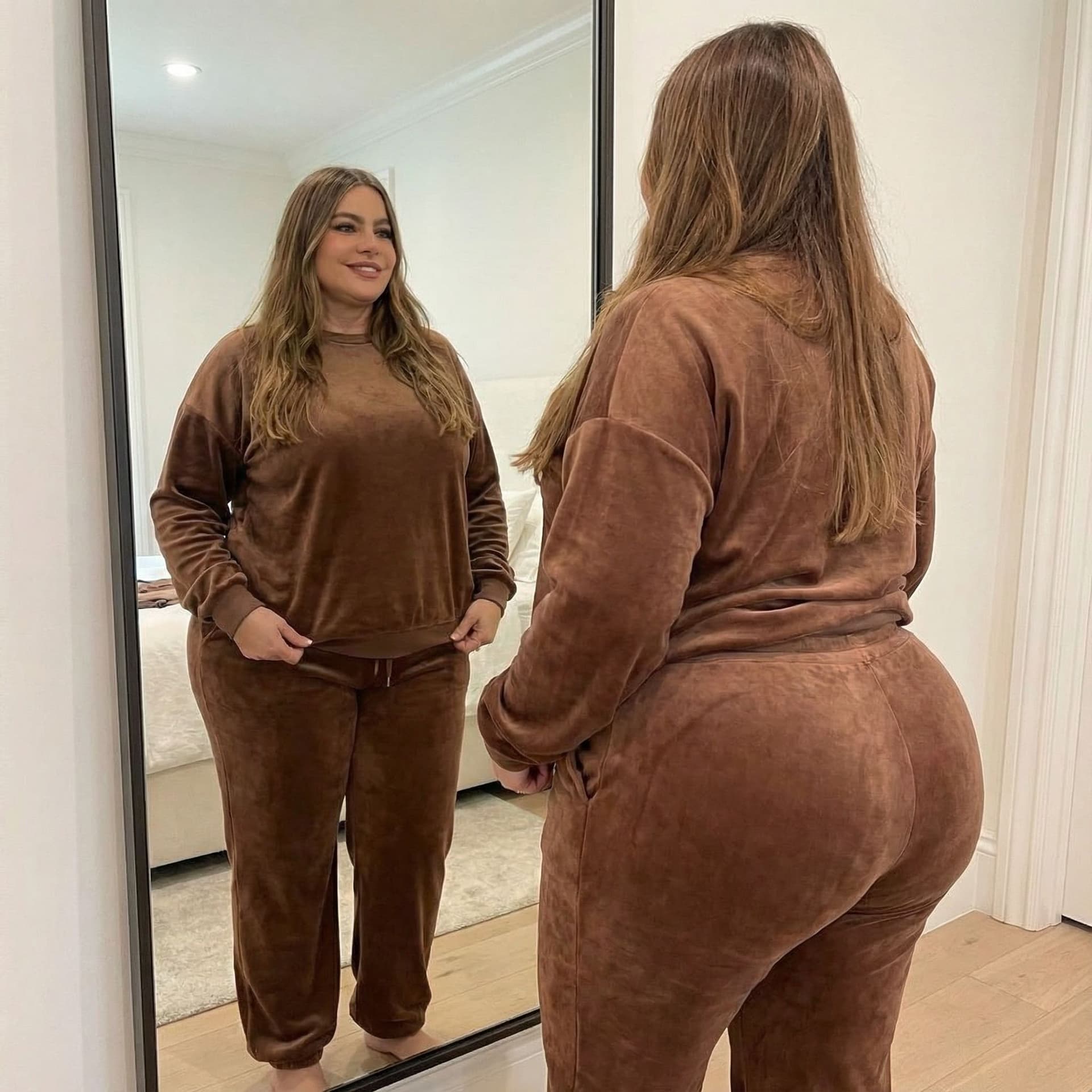 AI generated: A  massive plus size   of  30 year old Colombian woman dressed in   Brown tracksuit    chubby face  ...