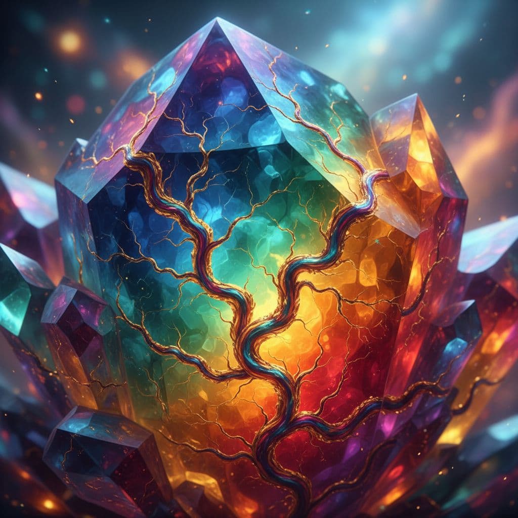 AI generated: Crystal made up of lots of different colors with veins running throughout it that look like dark not...