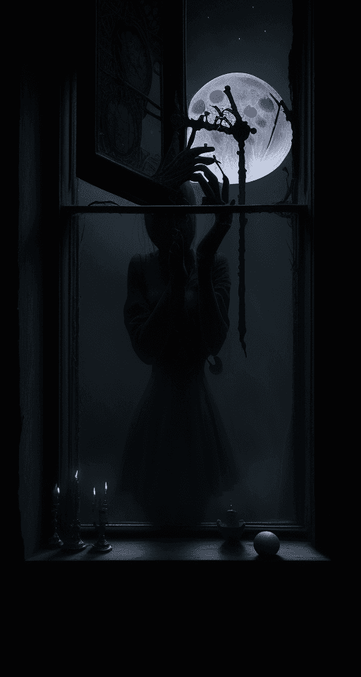 AI generated: The hands of a clock standing on an old windowsill reach the number 12 at midnight, while the light ...