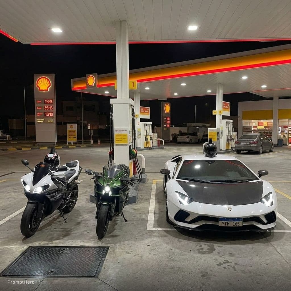 AI generated:  Merge them side by side in one real photo as standing side by side in Gas Station 