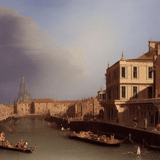 AI generated: a painting of a canal with boats in it and buildings in the background with a cloudy sky above it, C...