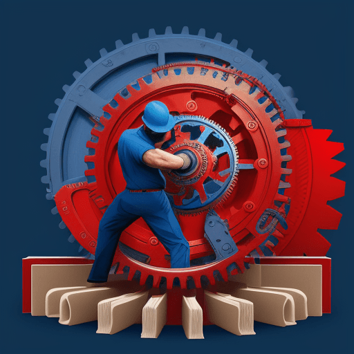 AI generated: Hyperrealistic logo, blue and red contrast color, book with the figure of a man moving a gear.