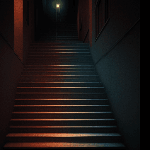 AI generated: macro shot, cinematic photo of stairs colorful, dark shot, film grain, (((facing viewer))), 64 bits ...