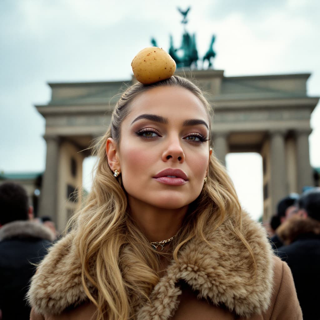 AI generated: Carmen Electra with a small potato on her head. With Brandenburger Tor in the background.
