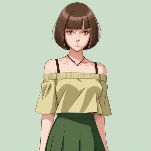 AI generated: An anime styled girl with a bob cut, brown hair and green eyes, wearing a skirt and  an off the shou...