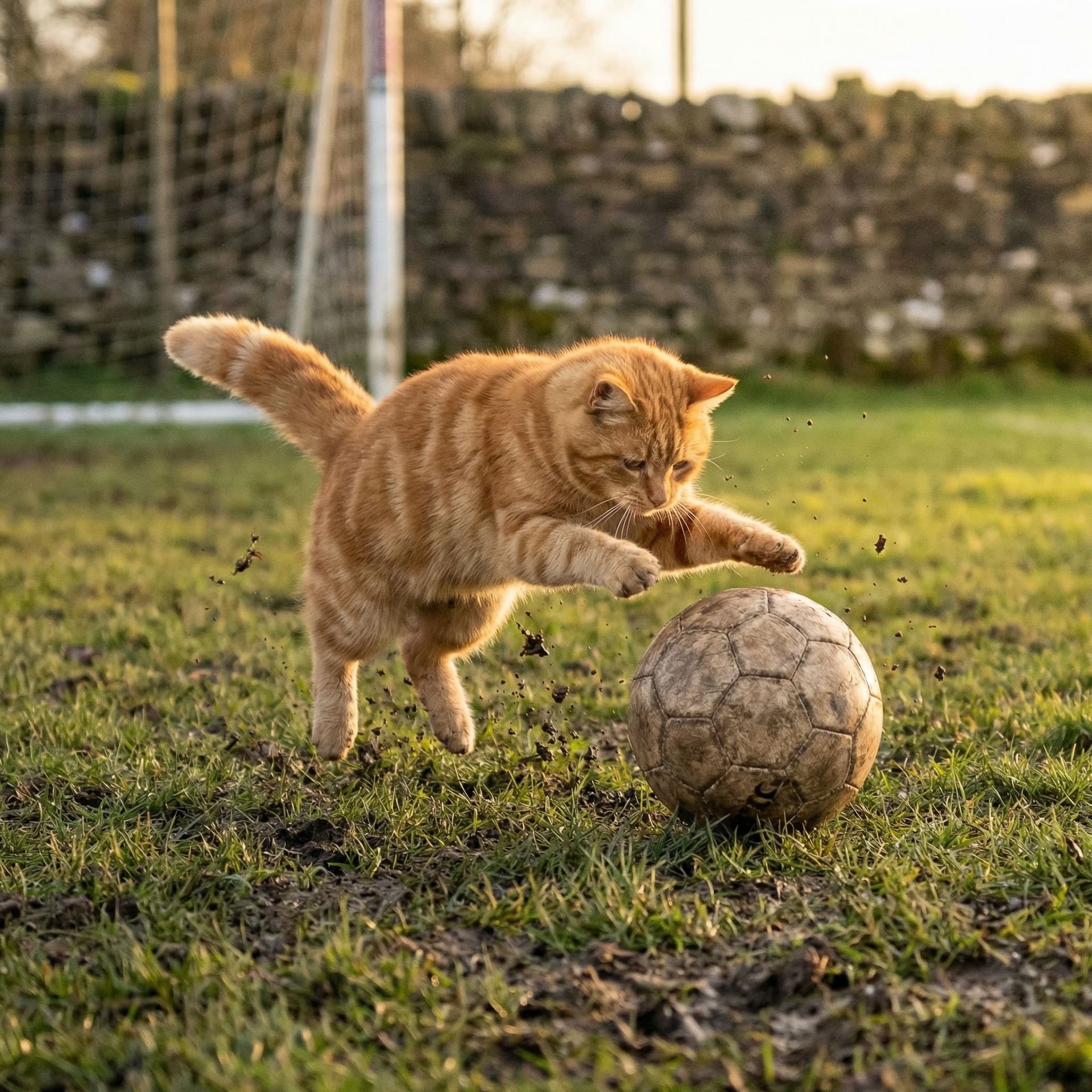 AI generated: A cat playing with football 