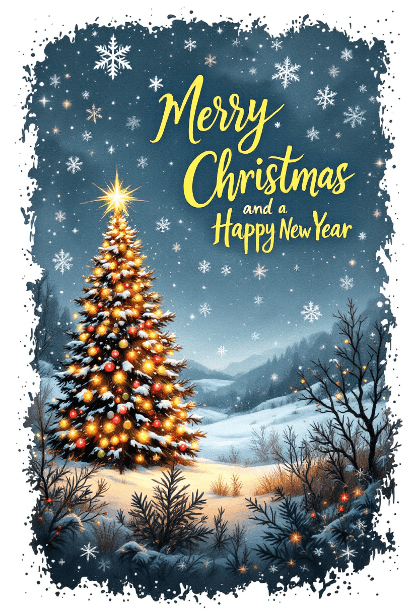 AI generated: A christmas card with text "Merry Christmas and a Happy New Year"
