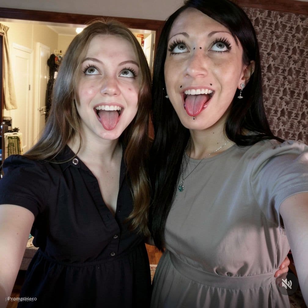 AI generated: Two women in dresses extend their tongues out and look up and cross their eyes and smile