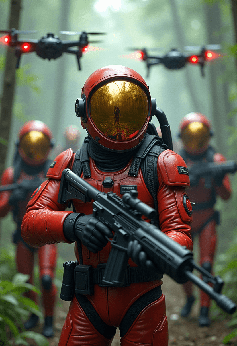 AI generated: group of Astronaut soldiers in a alien jungle, cold color palette, muted colors, very detailed, shar...