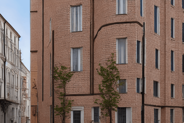 AI generated: NORDIC FACADE, architecture 19th century, beige brick street corner, hyperrealistic, High resolution...