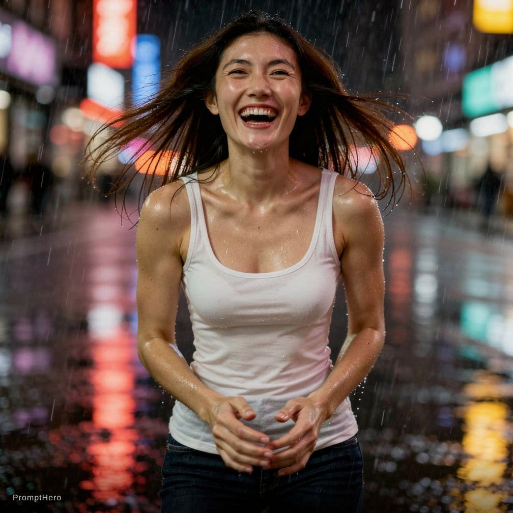 AI generated: iphone photo woman, long brunette hair, walking the city streets at night in the rain, shoulders shr...