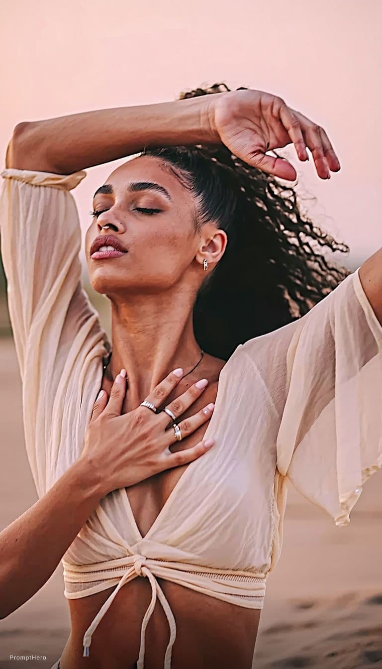 AI generated: Move her hands on her chest repeat the movement of the chest dance



Our AI Clothes Remover transfo...