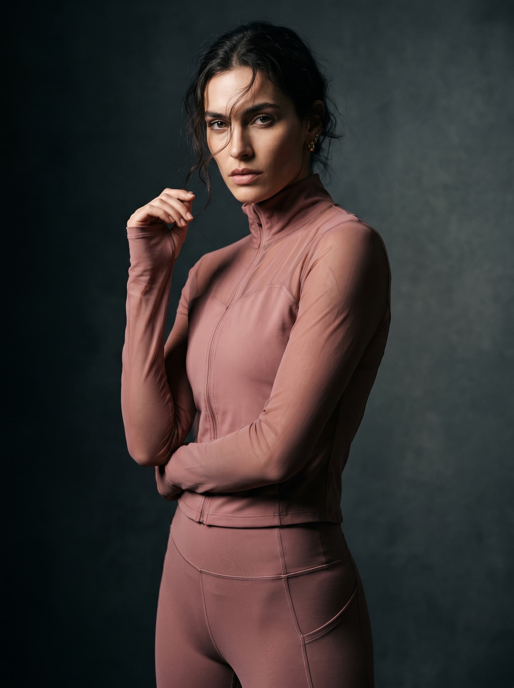 AI generated: (Nano Banana 2) A high-end fashion editorial portrait of a woman in monochromatic dusty rose technic...