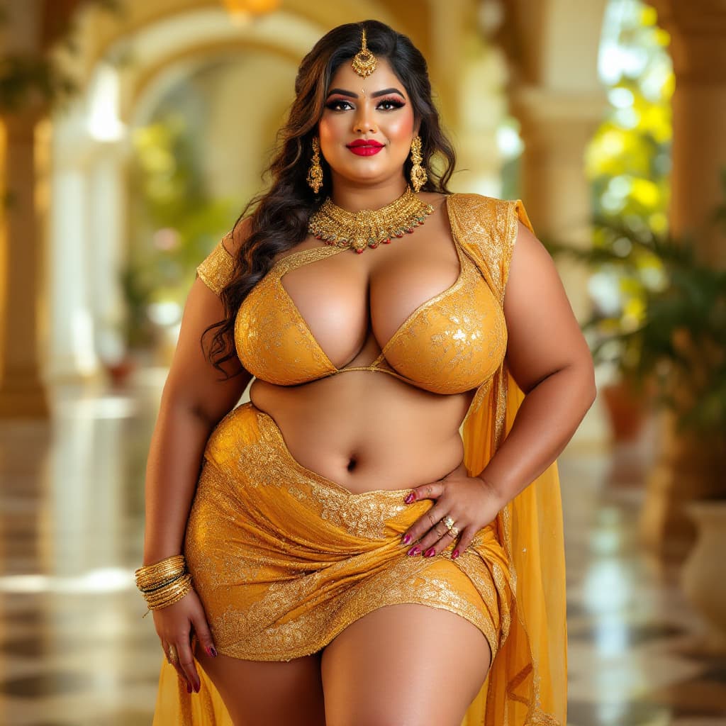 AI generated: Indian bbw, fair skin, curvy, voluptuous, massive breasts, massive cleavage, muscular thighs, muscul...