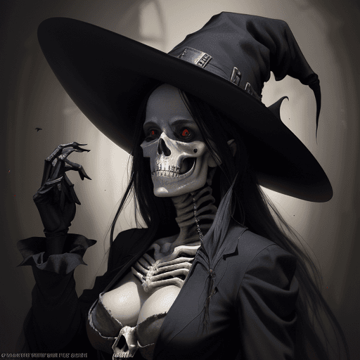 AI generated: the vampire witch with hat and skeleton looking, in the style of eve ventrue, vray tracing, paul hed...