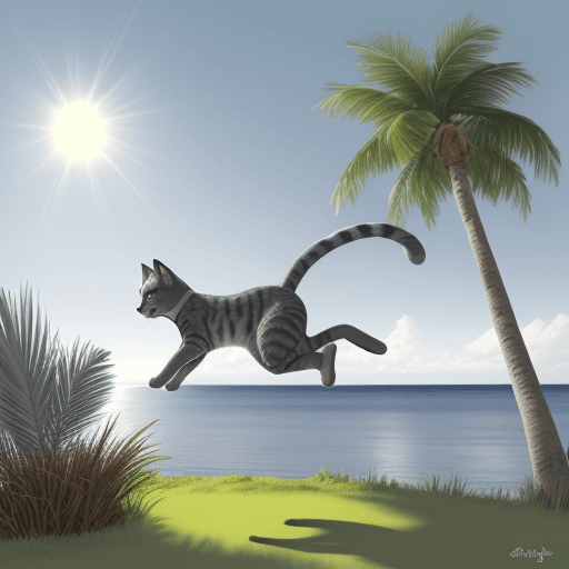 AI generated: Color Drawing of a grey cat jumping sideways to the right on an island with grass and a palm tree on...