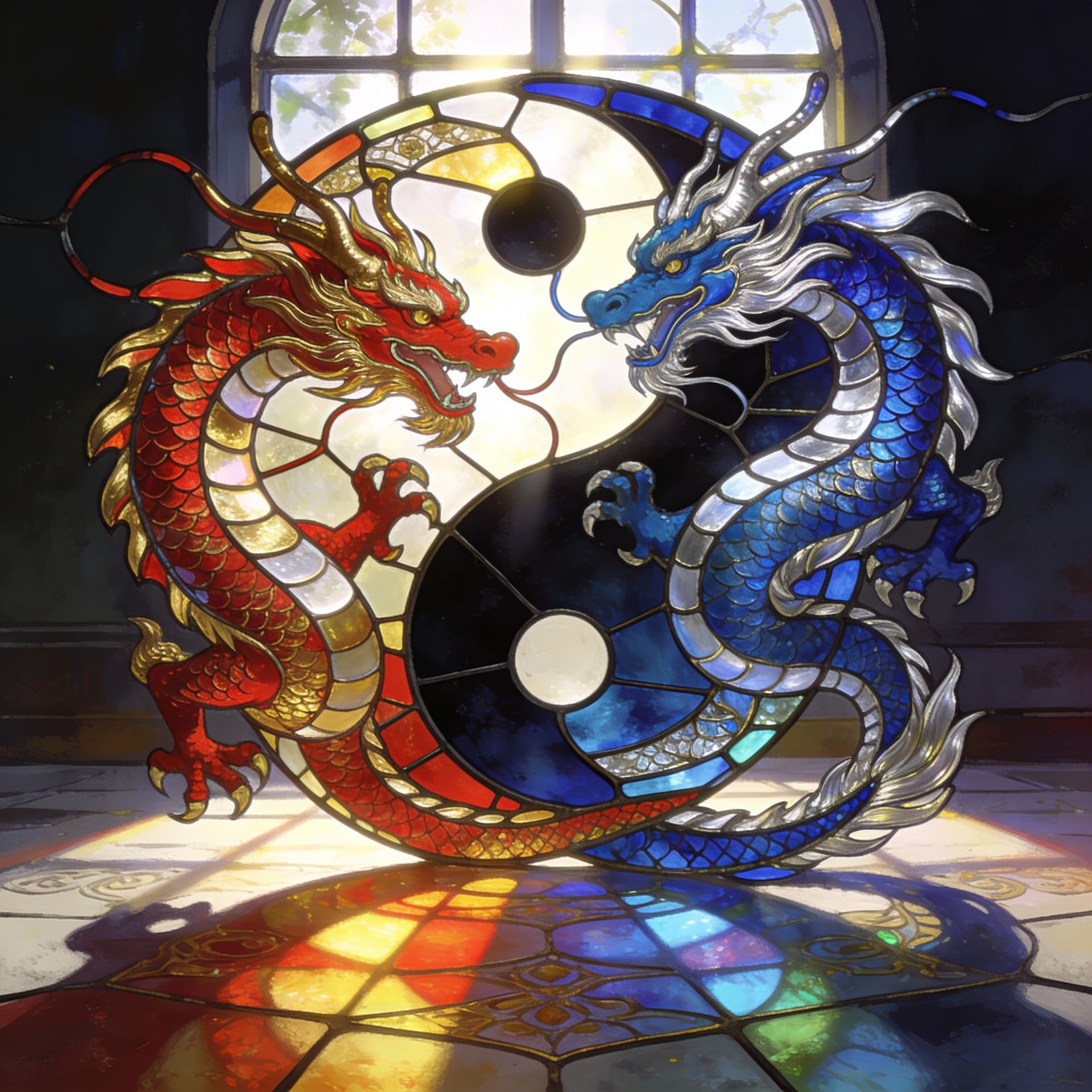 AI generated: a vibrant stained glass art piece of 2 dragons Yin and Yang style, Rays of sunlight shine through th...