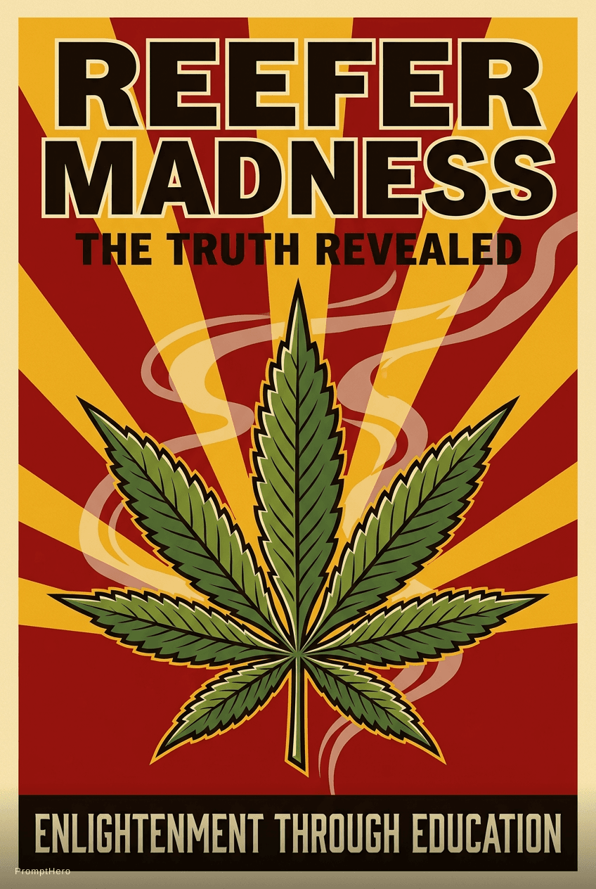 AI generated: A bold propaganda poster with "REEFER MADNESS" in heavy letters at the top, "THE TRUTH REVEALED" in ...