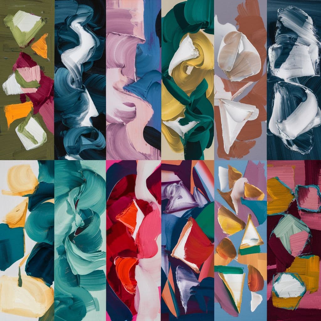 AI generated: A captivating series of abstract paintings, each featuring a unique blend of color, shape, and emoti...