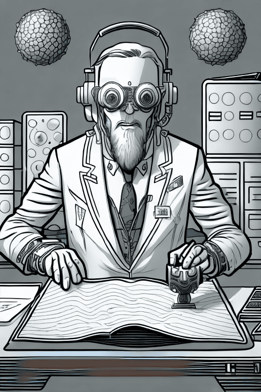 AI generated: A shockingly detailed monochromatic vector illustration of "Mr. Wolfe" examining a strange and other...
